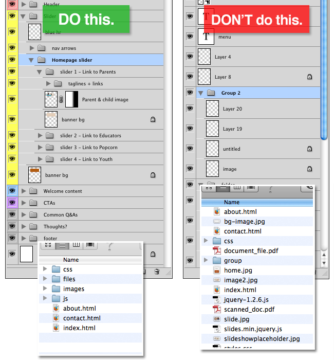 Do's and Dont's for organizing layered artwork files.