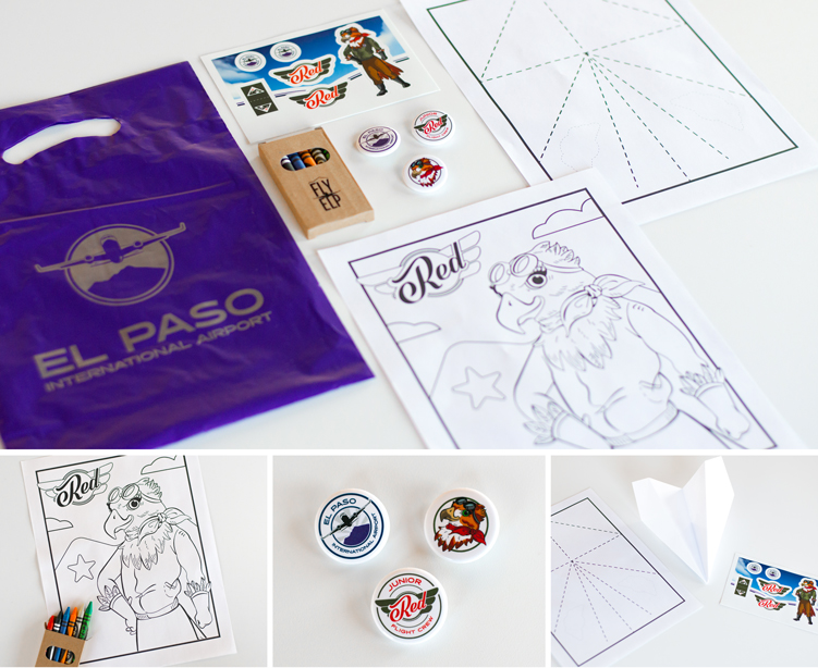 RED Mascot, Coloring Book, Stickers, Paper Airplane and Buttons